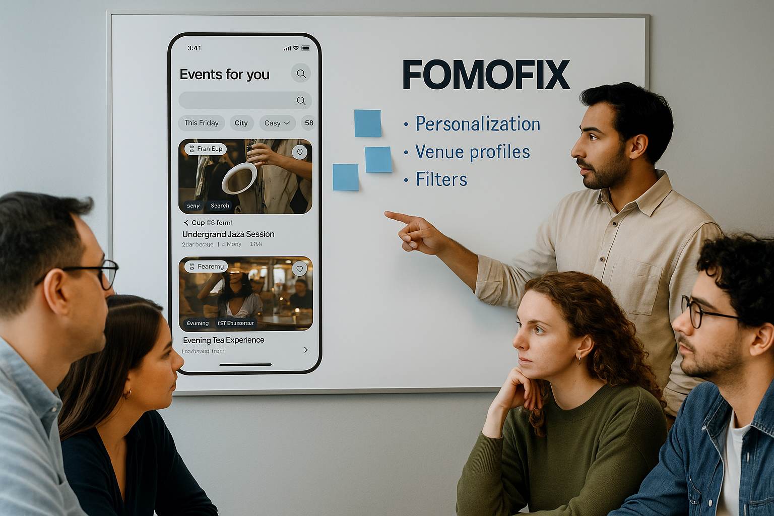 Stylised concept image of the FOMOFix team collaborating