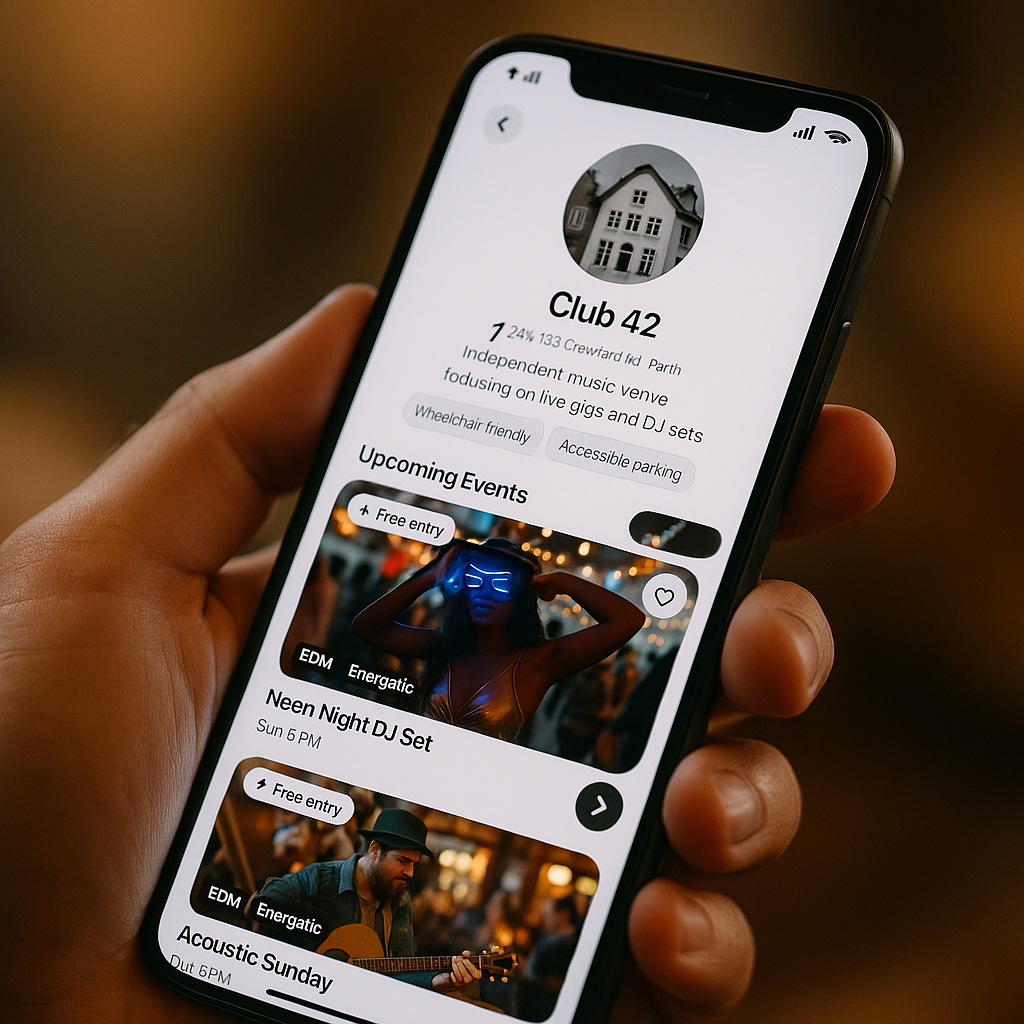 Preview of a FOMOFix venue profile with upcoming shows and accessibility icons